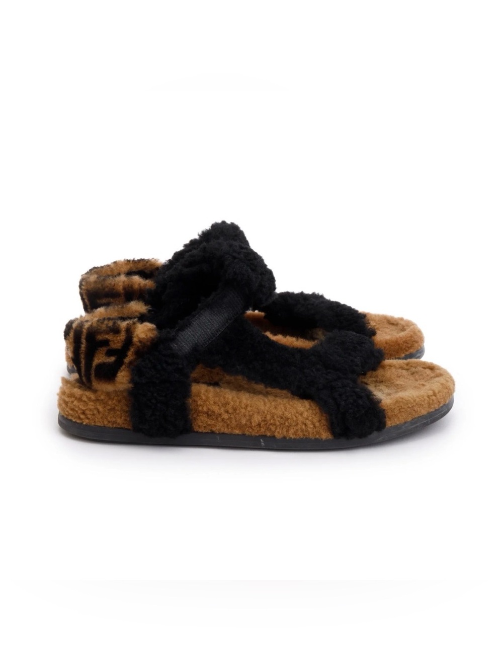 Fendi Black and Brown Shearling-Trim Slide Sandals